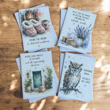 Set of Four Funny Watercolour Style Greeting Cards | Cosy Adult Humour Cards | Contemporary Lifestyle Cards | Blank Inside