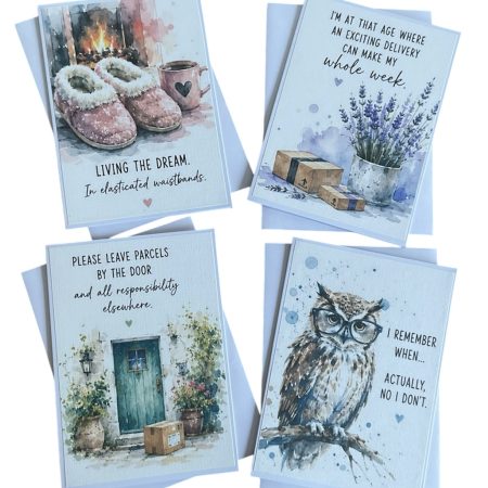 Set of Four Funny Watercolour Style Greeting Cards | Cosy Adult Humour Cards | Contemporary Lifestyle Cards | Blank Inside