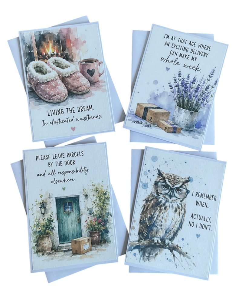 Set of Four Funny Watercolour Style Greeting Cards | Cosy Adult Humour Cards | Contemporary Lifestyle Cards | Blank Inside