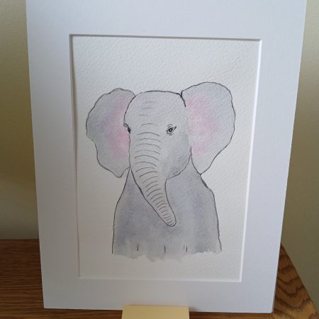 Handmade Watercolour Elephant Painting with White Mount, 9×7 inches