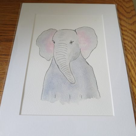 Handmade Watercolour Elephant Painting with White Mount, 9×7 inches
