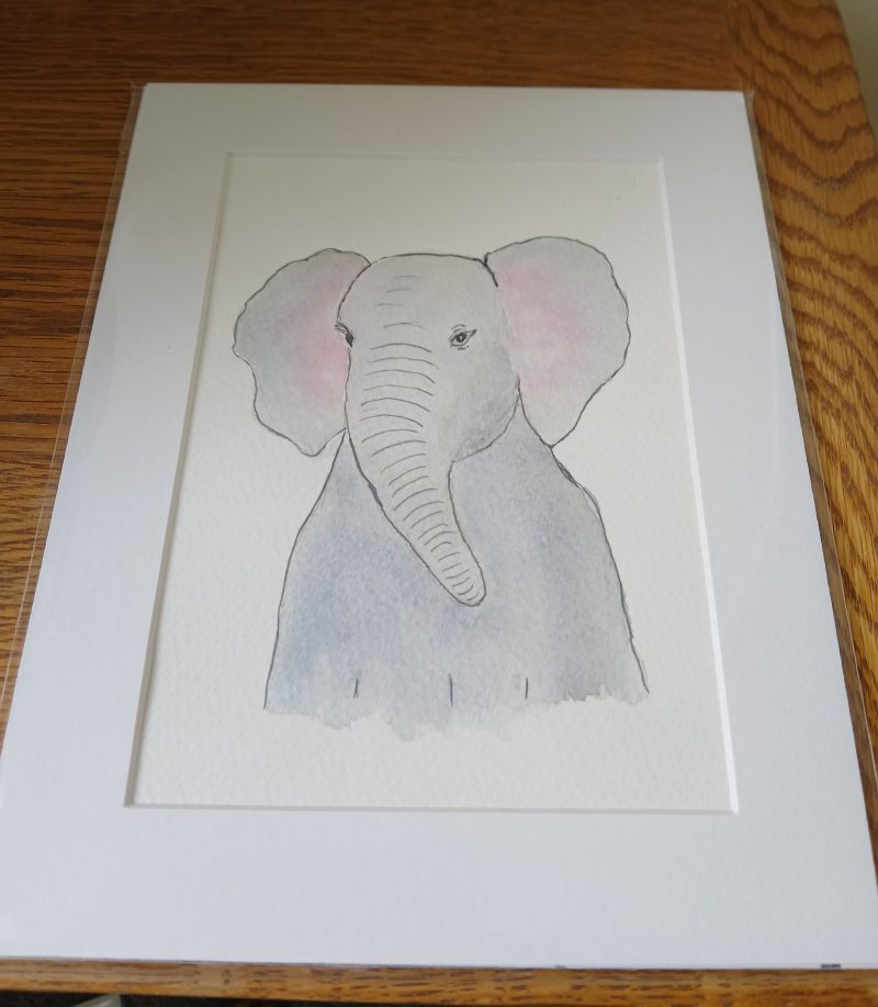 Handmade Watercolour Elephant Painting with White Mount, 9×7 inches