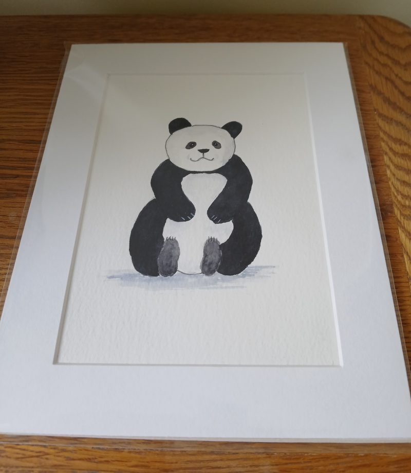Handmade Watercolour Panda Painting with White Mount, 9x7 inches