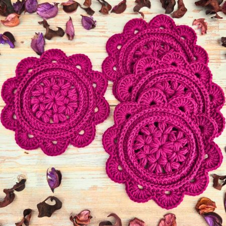 Crochet Daisy Coasters In Currant Colour - Set Of 2