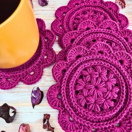 Crochet Daisy Coasters In Currant Colour - Set Of 2