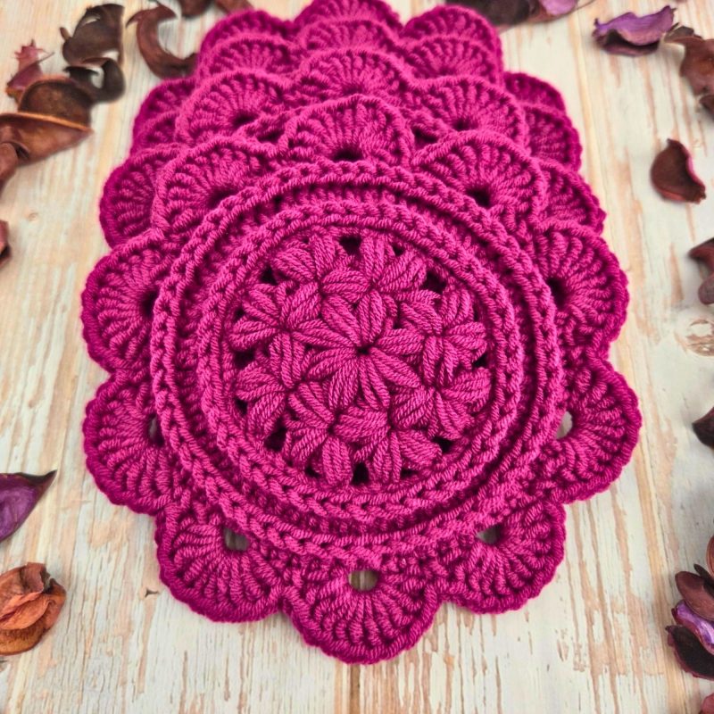 Crochet Daisy Coasters In Currant Colour - Set Of 2