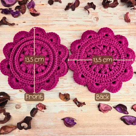 Crochet Daisy Coasters In Currant Colour - Set Of 2