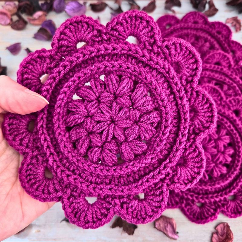 Crochet Daisy Coasters In Currant Colour - Set Of 2