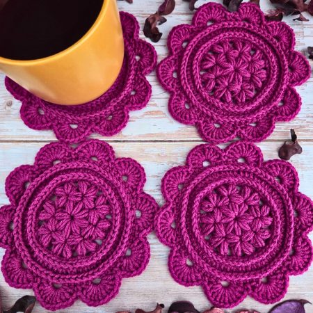 Crochet Daisy Coasters In Currant Colour - Set Of 2