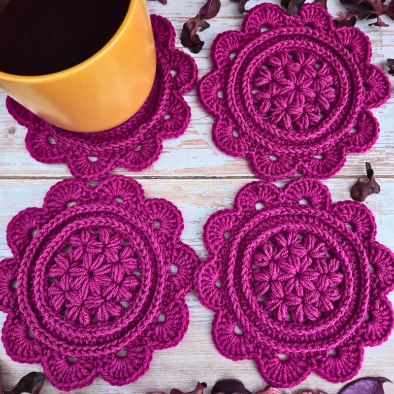 Crochet Daisy Coasters In Currant Colour - Set Of 2