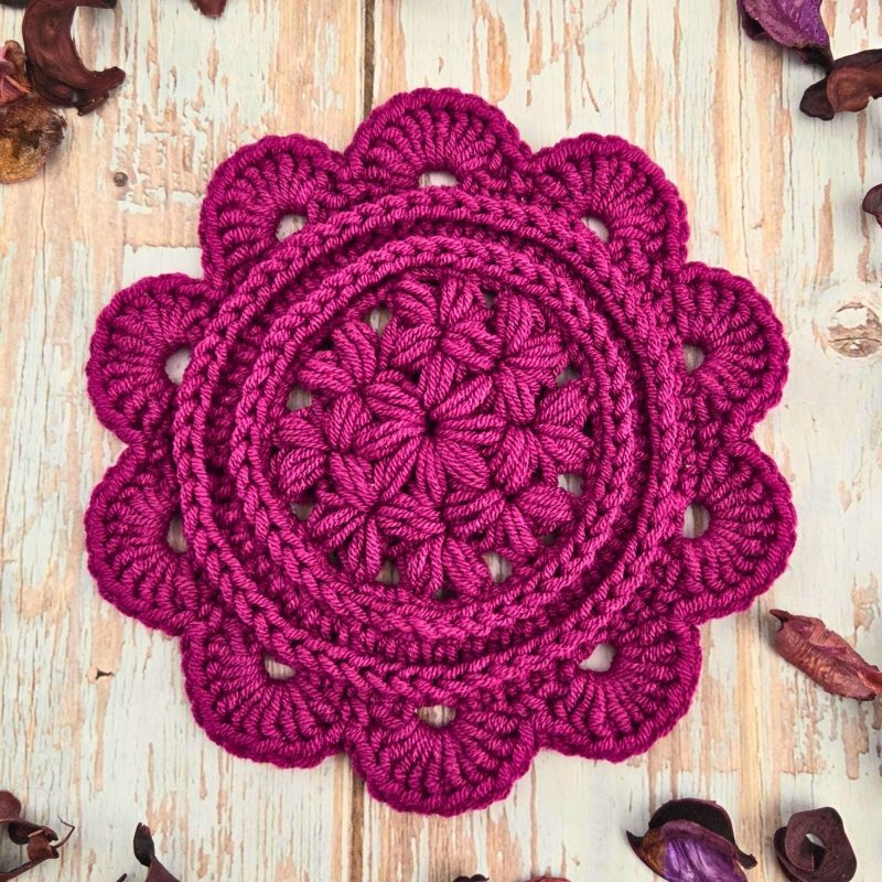 Crochet Daisy Coasters In Currant Colour - Set Of 2
