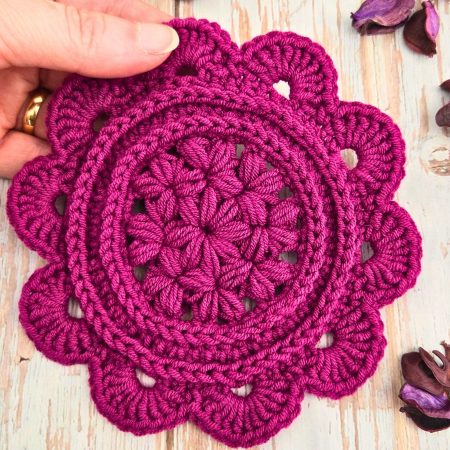 Crochet Daisy Coasters In Currant Colour - Set Of 2