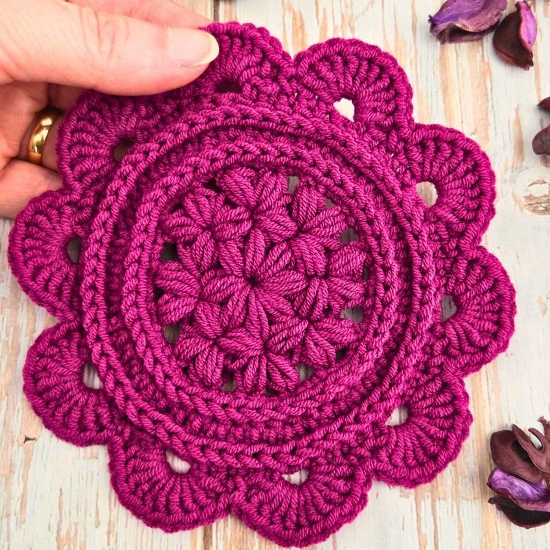 Crochet Daisy Coasters In Currant Colour - Set Of 2