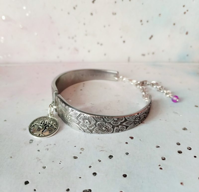 Stainless Steel Spoon Handle Bracelet, Tree of Life Charm, Upcycled Spoon Jewelry, Eco-Friendly Gift for Her, Silver Spoon Bangle
