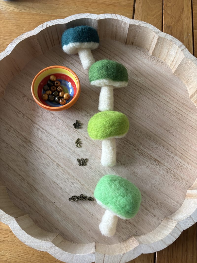 Hand felted forest inspired mushroom hanger.