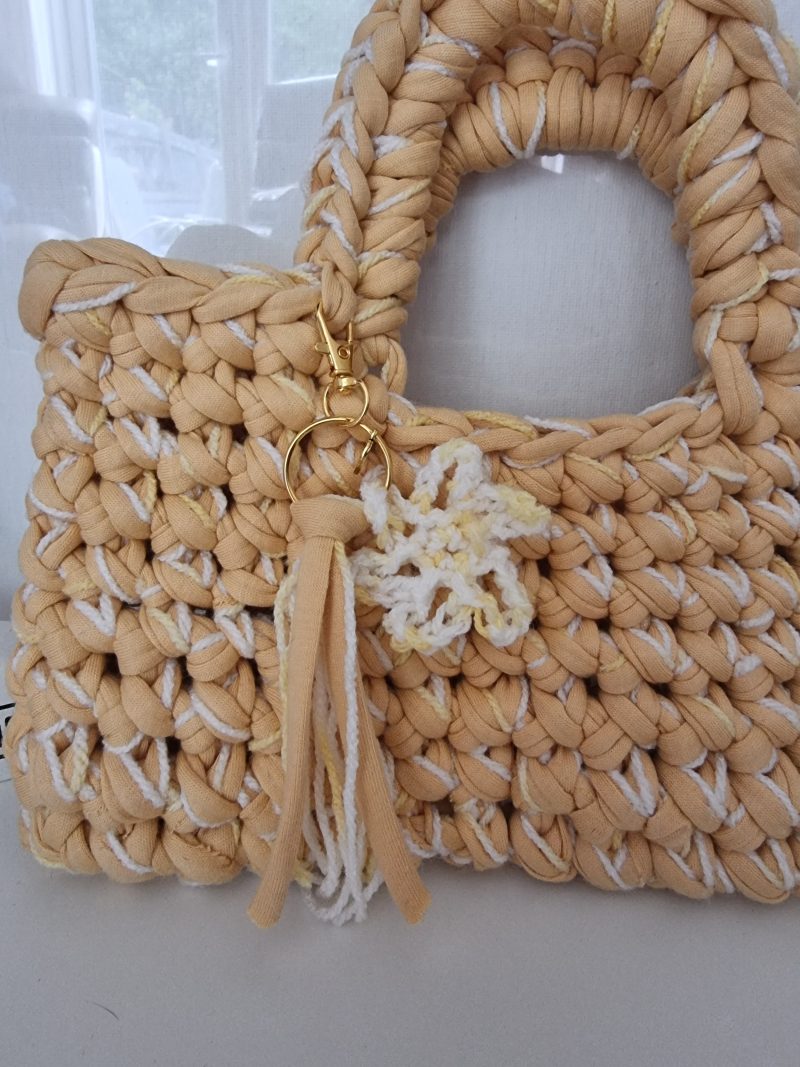 Crochet handbag in Sand colour with detachable tassle keyring
