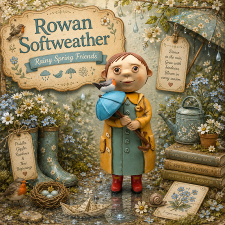 Handmade Rowan Softweather Art Doll, 26 cm Tall, Rainy Spring Friends