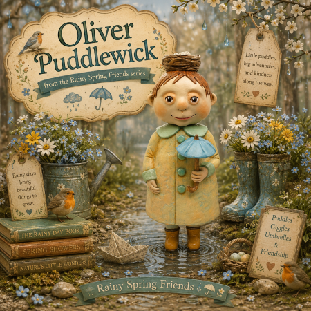 Oliver Puddlewick Handmade Art Doll with Blue Umbrella, 27cm Tall