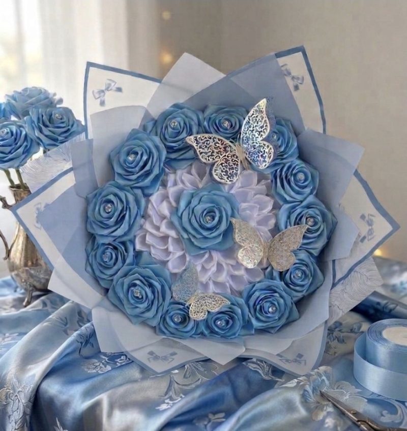 Luxury Blue and White Handcrafted Satin Ribbon Rose Bouquet with Butterflies