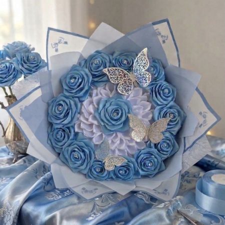 Luxury Blue and White Handcrafted Satin Ribbon Rose Bouquet with Butterflies