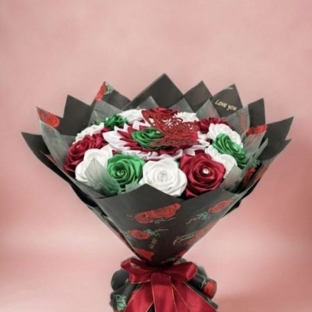 Luxury Emerald Green, White & Red Handcrafted Satin Rose Bouquet with Butterfly