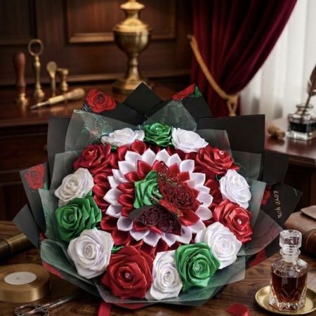 Luxury Emerald Green, White & Red Handcrafted Satin Rose Bouquet with Butterfly