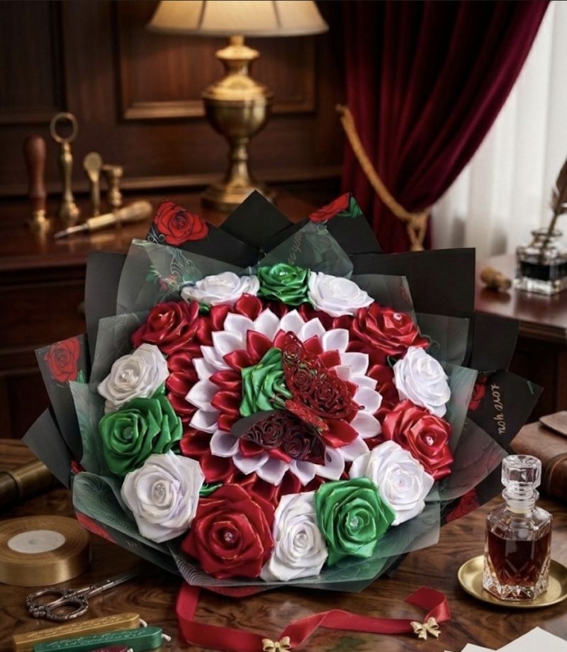 Luxury Emerald Green, White & Red Handcrafted Satin Rose Bouquet with Butterfly