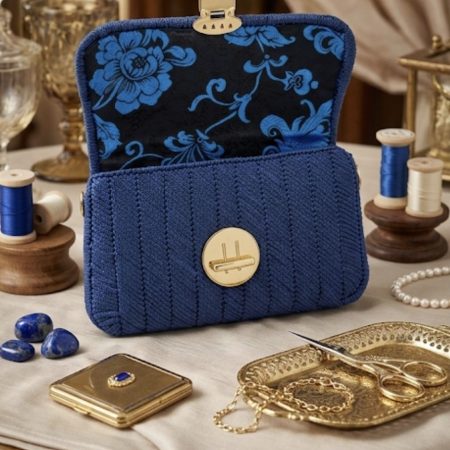 Handmade Royal Blue Crochet Clutch Bag with Floral Brocade Lining