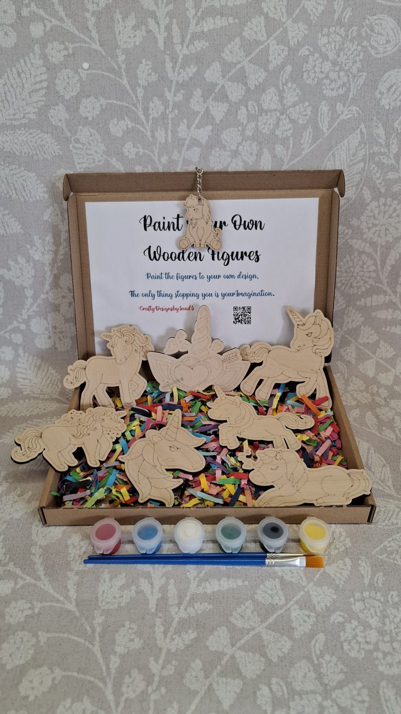 Paint your Own Unicorns, Wooden Figures, Complete Set including Brushes and Paints