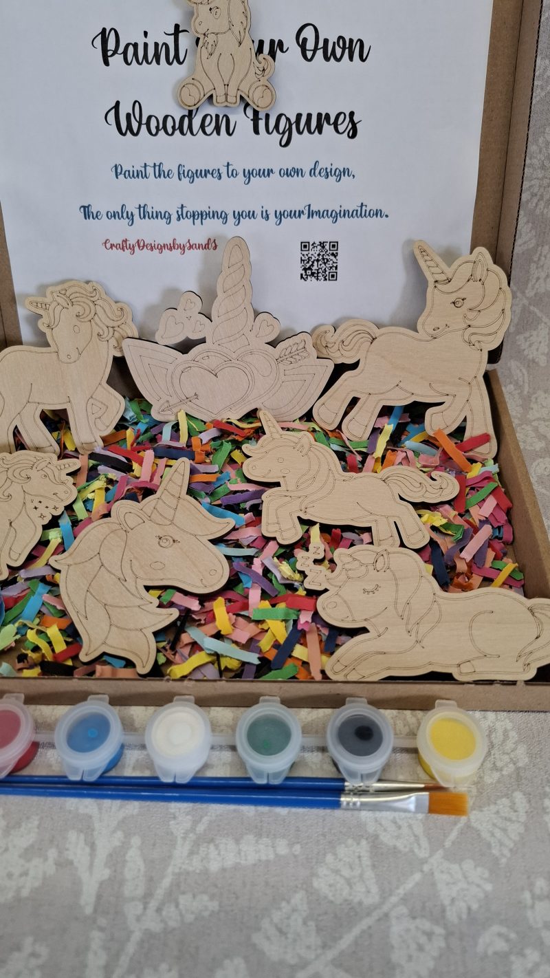 Paint your Own Unicorns, Wooden Figures, Complete Set including Brushes and Paints