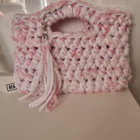 Handcrochet white & pink bag with detachable tassle keyring