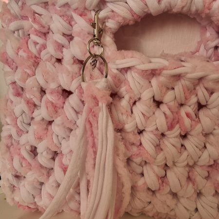 Handcrochet white & pink bag with detachable tassle keyring