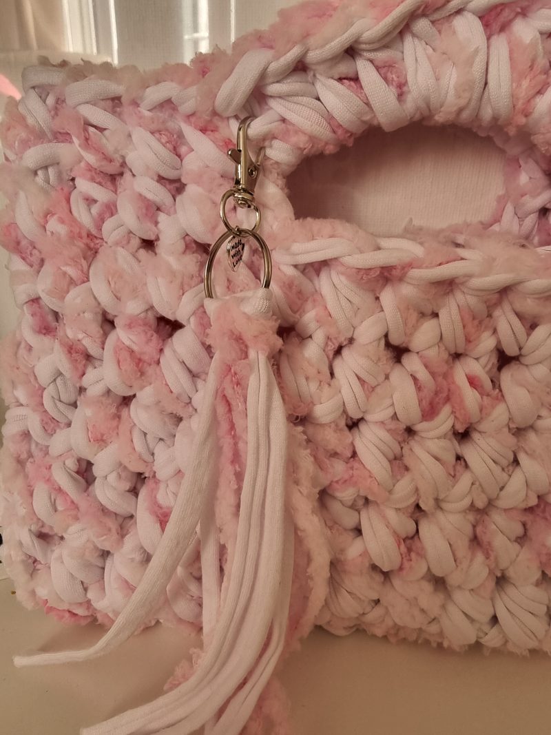 Handcrochet white & pink bag with detachable tassle keyring