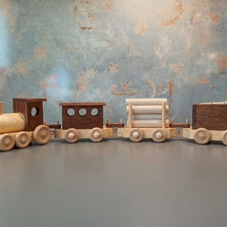 Handmade Children’s Wooden Train Set with Engine and Three Carriages
