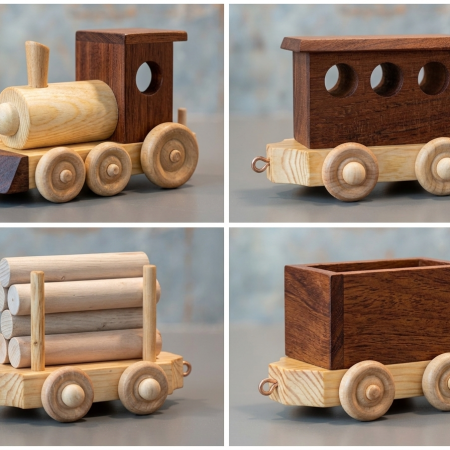 Handmade Children’s Wooden Train Set with Engine and Three Carriages