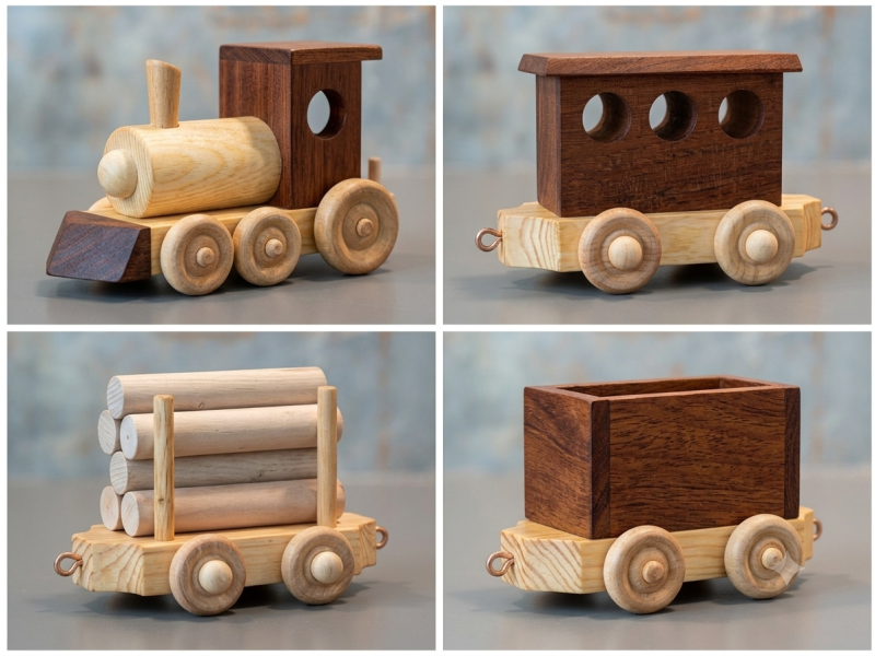 Handmade Children’s Wooden Train Set with Engine and Three Carriages