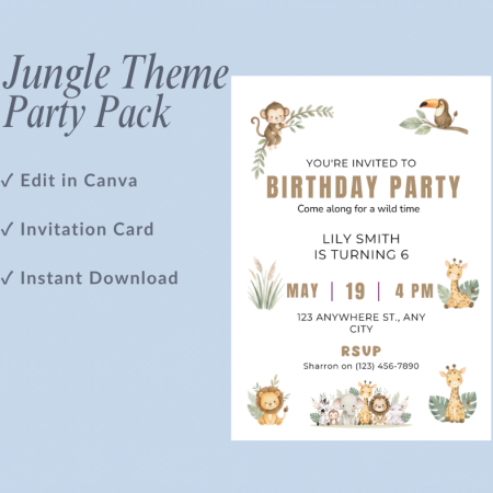 Jungle Theme Birthday Party Pack – Editable Canva Digital Download