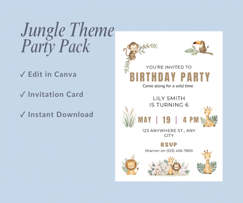 Jungle Theme Birthday Party Pack – Editable Canva Digital Download