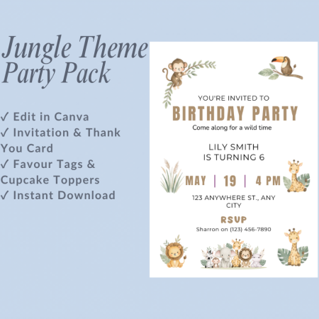 Jungle Theme Birthday Party Pack – Editable Canva Digital Download