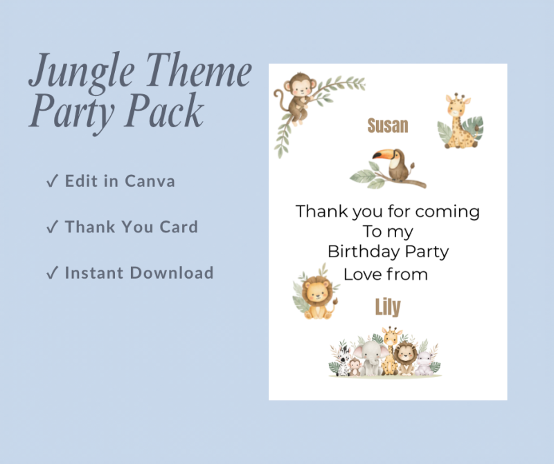 Jungle Theme Birthday Party Pack – Editable Canva Digital Download