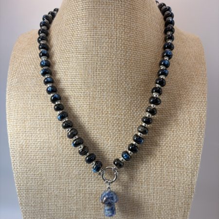 Navy ceramic beaded sodalite mushroom charm necklace