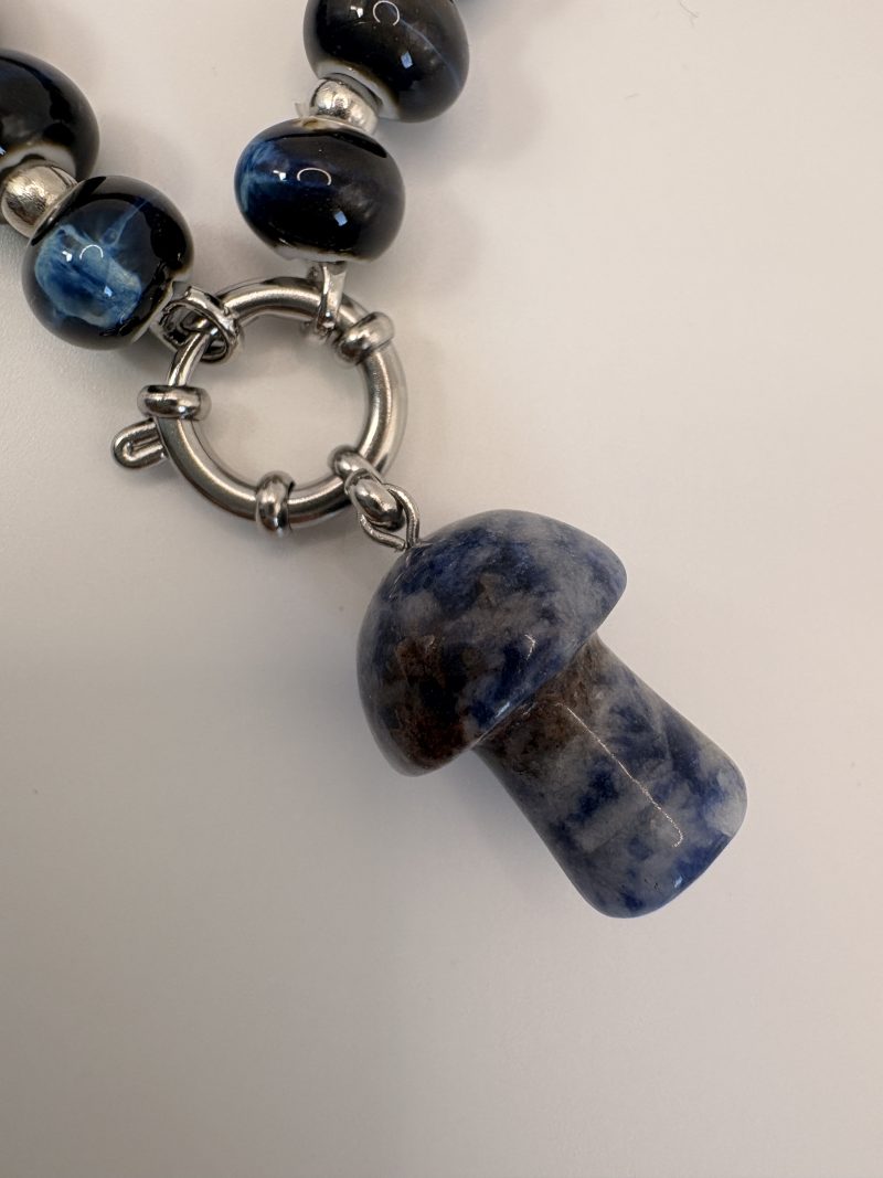 Navy ceramic beaded sodalite mushroom charm necklace