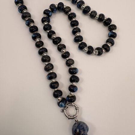 Navy ceramic beaded sodalite mushroom charm necklace