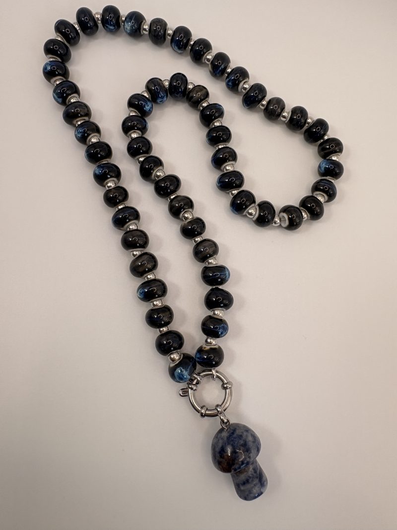 Navy ceramic beaded sodalite mushroom charm necklace