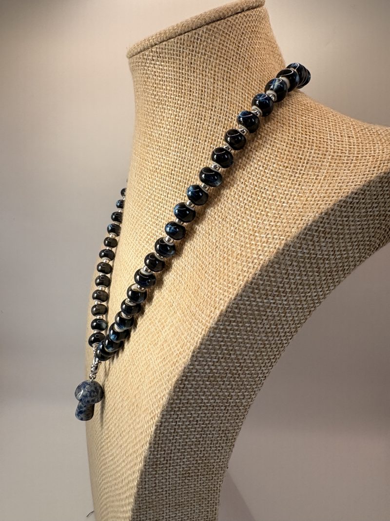 Navy ceramic beaded sodalite mushroom charm necklace