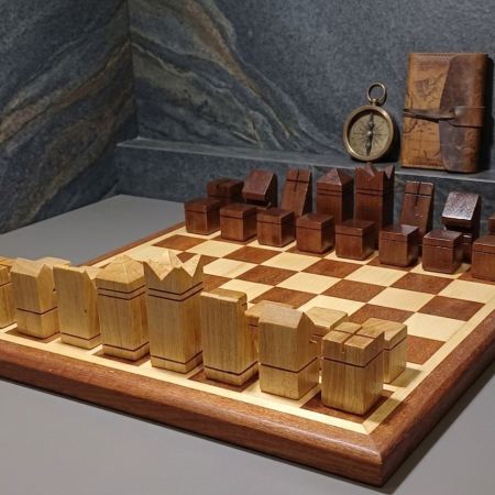 Handmade Minimalistic Chess Board and Pieces in Sapele and Maple Wood