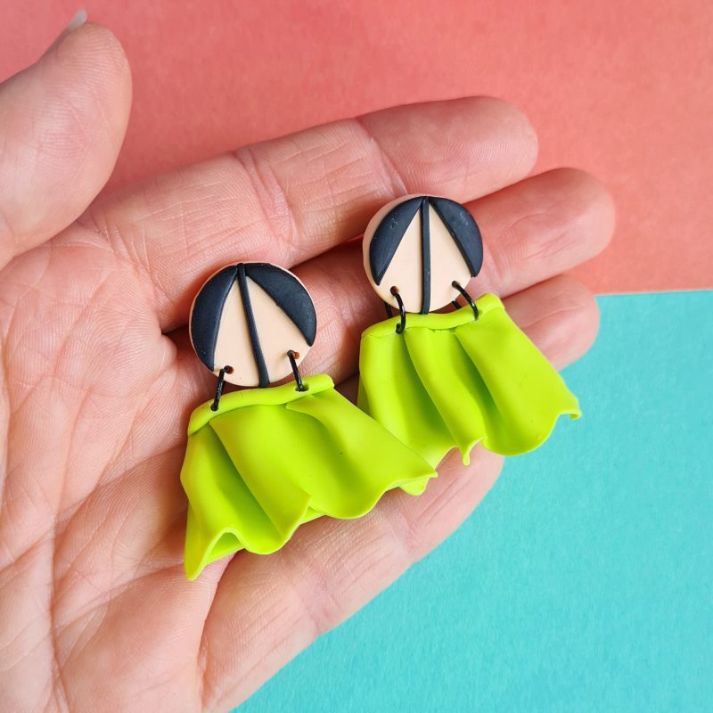Trick Me Collection, Lime Skirt Dangle Earrings, polymer clay summer statement earrings