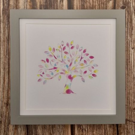 Tree picture - multicolour, pink, purple, yellow decoupaged in 18cm frame