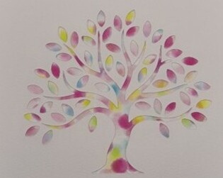 Tree picture - multicolour, pink, purple, yellow decoupaged in 18cm frame