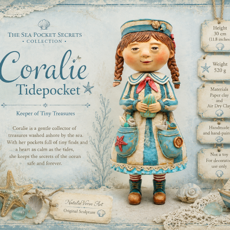 Handmade Coralie Tidepocket Art Doll from paper clay.
